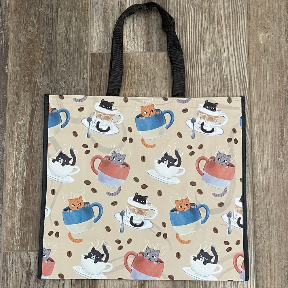 T.J.Maxx Viral Cat and Coffee Reusable Tote Bag - Black and Tan
